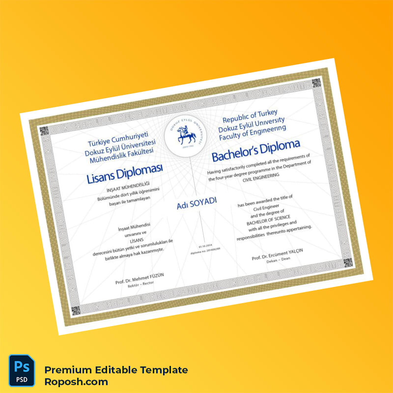 Editable Turkey Dokuz Eylul University Bachelor’s Diploma in Civil Engineering Template (Fast Edit) Editable Turkey Dokuz Eylul University Bachelor’s Diploma in Civil Engineering Template (Fast Edit)