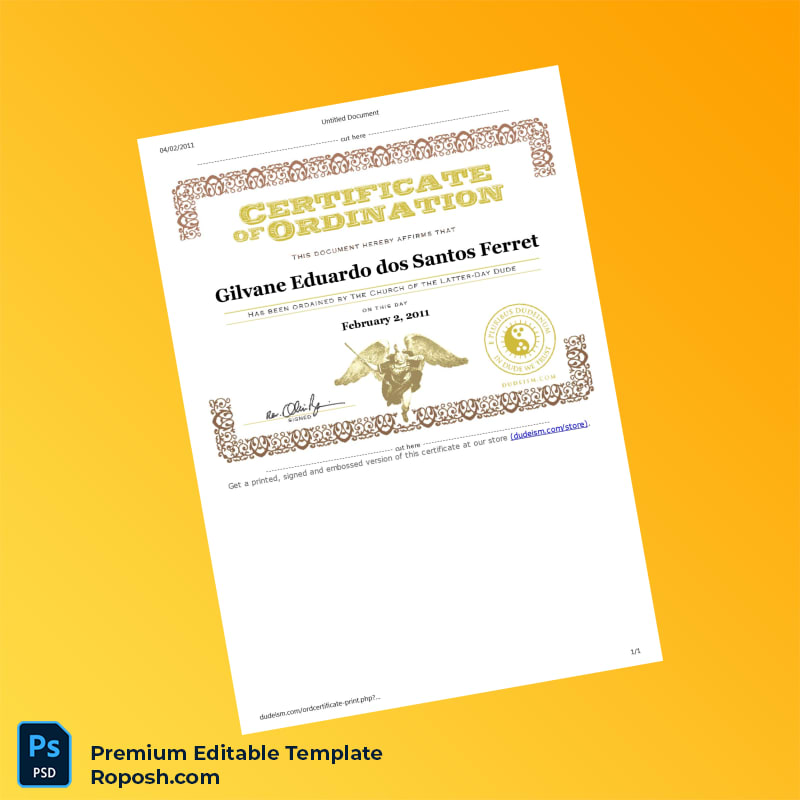 Editable USA Dudeism Certificate of Ordination – Fast Edit Editable USA Dudeism Certificate of Ordination – Fast Edit