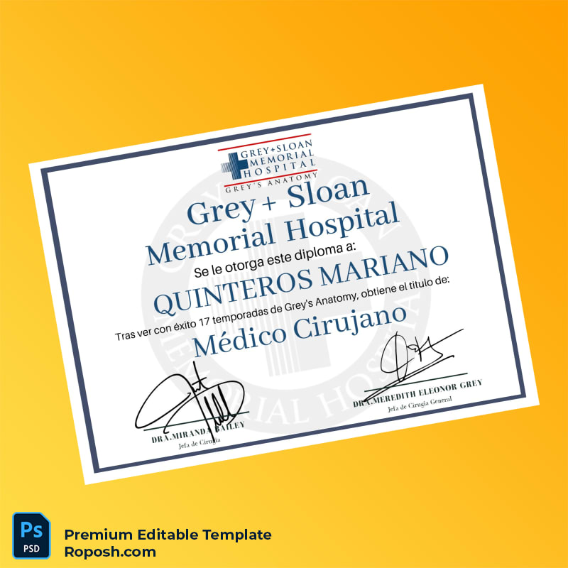 Printable USA Grey Sloan Memorial Hospital Doctor of Medicine Certificate (Fast Edit) Printable USA Grey Sloan Memorial Hospital Doctor of Medicine Certificate (Fast Edit)