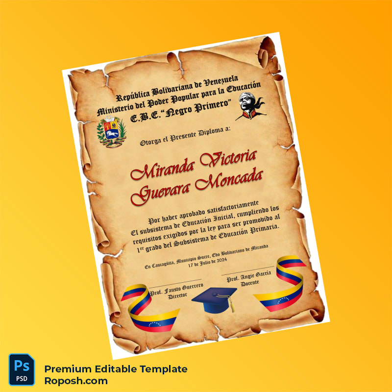 Editable Venezuela E.B.E. _Negro Primero_ 1st Grade Promotion Diploma – Instant Download 2 Page Editable Venezuela E.B.E. _Negro Primero_ 1st Grade Promotion Diploma – Instant Download 2 Page