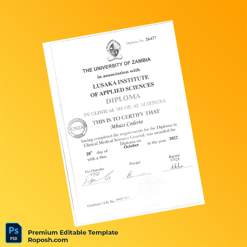 Editable Zambia University of Zambia Diploma in Clinical Medical Sciences Template (Instant Download) Editable Zambia University of Zambia Diploma in Clinical Medical Sciences Template (Instant Download)