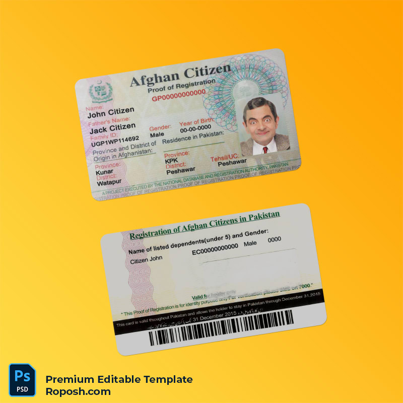 Editable PSD for Afghanistan Citizen proof of registration card PSD template (Fast Edit) Editable PSD for Afghanistan Citizen proof of registration card PSD template (Fast Edit)